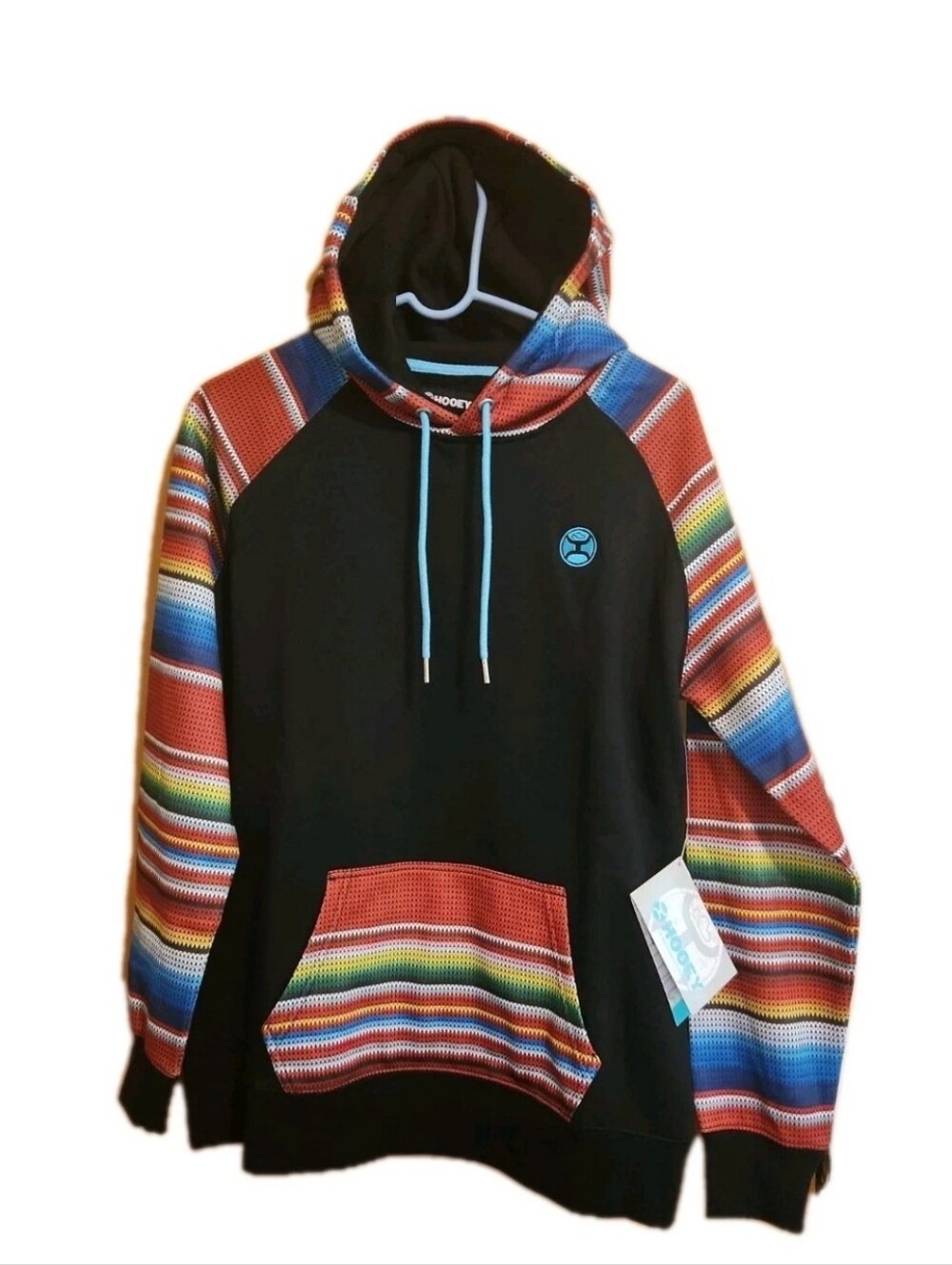 NEW Hooey Tijuana Ladies Black Hoodie Aztec Serape Stripe Raglan Pullover Size L